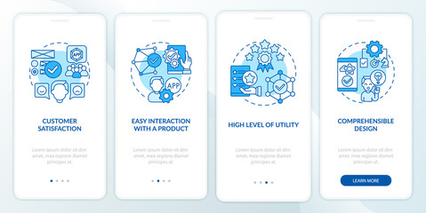 Usage assessment onboarding mobile app page screen. Satisfaction, utility walkthrough 4 steps graphic instructions with concepts. UI, UX, GUI vector template with linear color illustrations