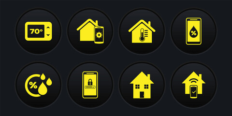 Set Humidity, for smart home, Mobile and password protection, House, temperature, Smart remote control system, and Thermostat icon. Vector