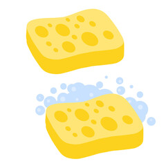 Sponge with foam. Yellow tool for cleaning. Detergent with soap. Set of kitchen and bathroom elements. Flat cartoon illustration