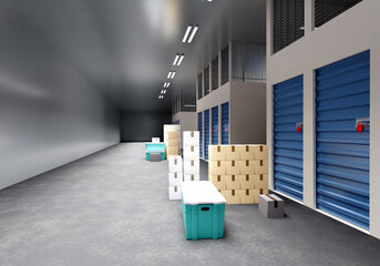 Rental Storage Units. Corridor with doors in storage units. 3d image