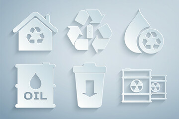 Set Send to the trash, Recycle clean aqua, Oil barrel, Radioactive waste in, Battery with recycle and Eco House recycling icon. Vector