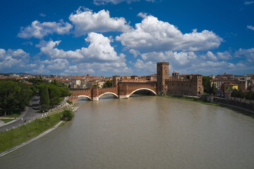 Verona, Italy aerial view of the historic city. Aerial panorama of the famous Ponte di...