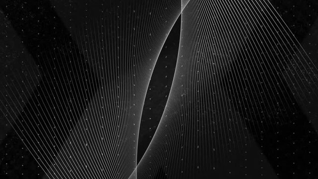 Animation of parallel curved white lines moving and intersecting over white dots on black background