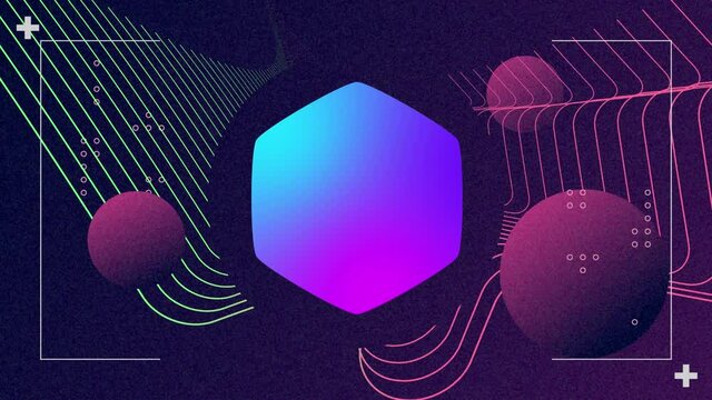 Animation of blue and purple hexagon with parallel lines and dark red spheres on black background