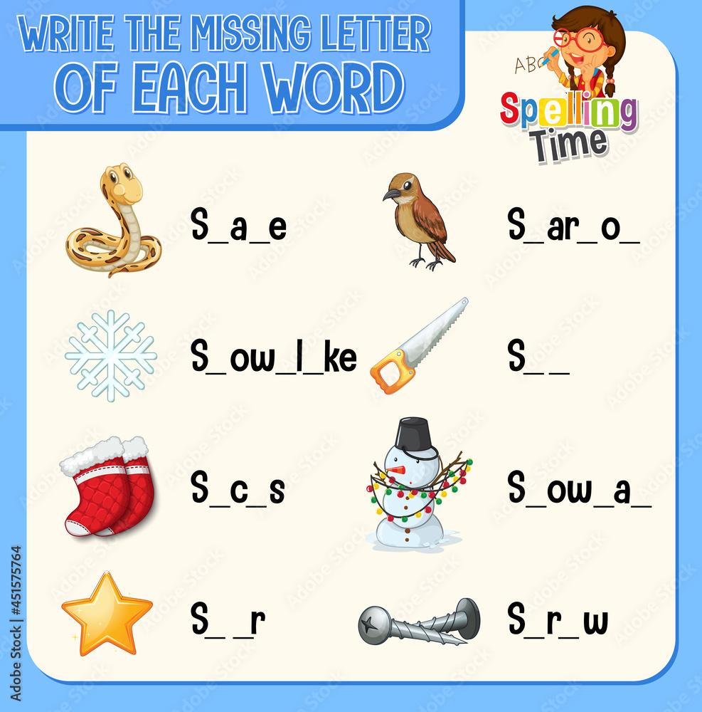 Sticker Write the missing letter of each word worksheet for children