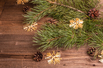 Christmas festive old wooden background. Zero waste Christmas decor concept