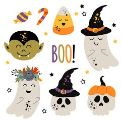 set of isolated halloween characters. Ghost, skull, Dracula and Candy corn