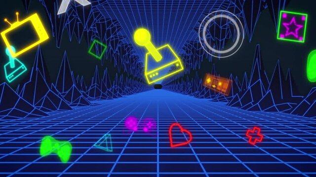 Animation of neon video game digital interface flickering over blue grid