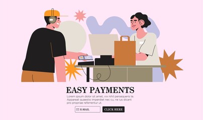 Online payment with smartphone or mobile pay concept. NFC banner, ui, web or ad illustration. Credit card or contactless payment. Seller with pos-terminal. Customer scanning QR code.