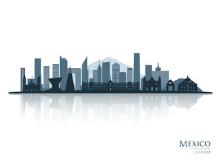 Mexico skyline silhouette with reflection. Landscape Mexico. Vector illustration.