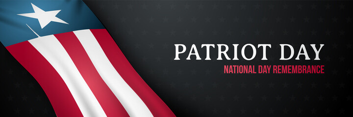 Dark horizontal banner for Patriot Day. 9/11 National day of remembrance. United states flag. Patriotic American design template. Vector background.