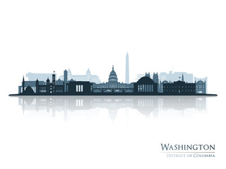 Washington skyline silhouette with reflection. Landscape Washington DC. Vector illustration. - 451576537