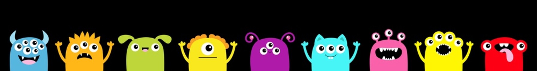 Happy Halloween. Monster set icon line. Funny face head colorful silhouette. Cute kawaii cartoon baby character. Eyes teeth fang horn tongue. Hands up. Flat design. Black background.