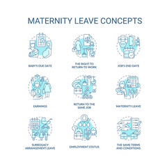 Maternity leave related blue concept icons set. Employee rights idea thin line color illustrations. New parents protection at workplace. Vector isolated outline drawings. Editable stroke