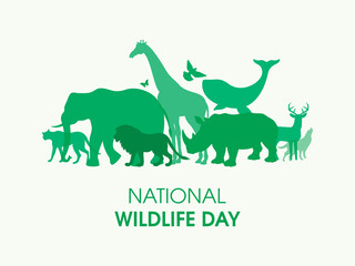 National Wildlife Day Poster with green silhouettes of wild animals icon vector. Wild animals silhouette set. Environmental icon vector. Group of animals icon. Important day - Powered by Adobe