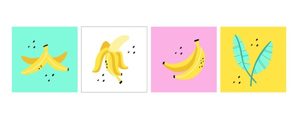 Banana postrs set. Exotic tropical fresh fruit, whole and sliced with green leaves, bananas peel, simple cards collection, vector cartoon minimalistic style isolated illustration