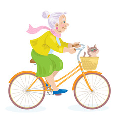 Cute grandmother rides a bike with a funny cat. In cartoon style. Vector illustration. Isolated on white background