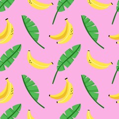 Fototapeta premium Banana seamless pattern. Exotic tropical fresh fruit, whole and sliced, bananas peel, cartoon minimalistic style isolated pink background, decor textile wrapping paper wallpaper vector print