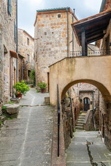 Fototapeta na wymiar picturesque view of Sorano with old staircase, alley, underpass and plants in the Tuscan medieval village