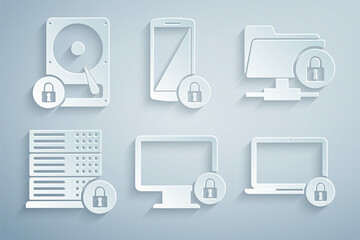 Set Lock on monitor, FTP folder and lock, Server security with, Laptop, Smartphone and Hard disk drive icon. Vector