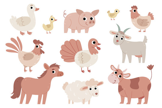 Set of animals on the farm.Goose, duckling, pig, chicken, rooster, turkey, goat, sheep, horse, cow.Agriculture.