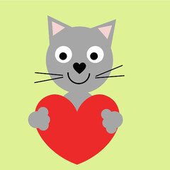 A funny cat is holding a red heart with its paws.