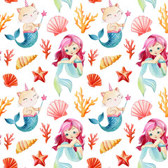 Baby background with mermaids and cat-unicorn. Seamless pattern, watercolor drawing