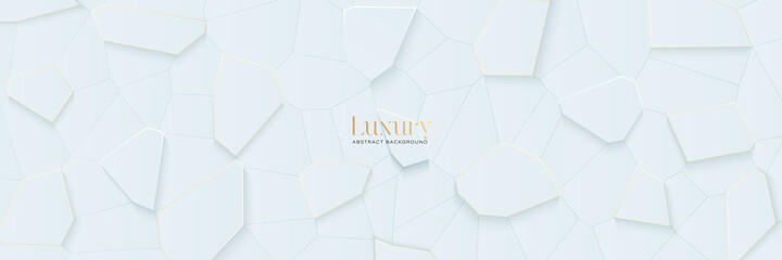 Luxury abstract white voronoi blocks background with gold line. Modern elegant style polygonal shapes elements. Clean simple geometric shapes texture concept. Vector illustration