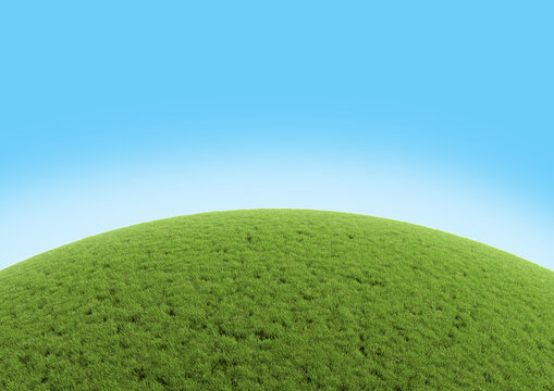 Realistic green grass hill on blue sky. Spherical empty panorama background. Bright 3d illustration.