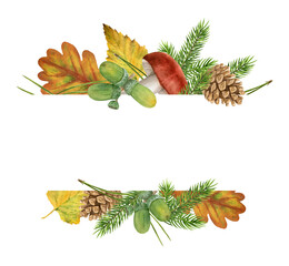 Watercolor banner of autumn forest. Hand painted yellowed fallen leaves of oak and birch, spruce, pine needles, cones, acorns, mushrooms
