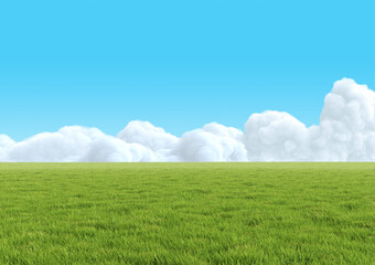Realistic empty green grass field with white clouds on blue sky. Horizontal clean panorama background. Bright 3d illustration.