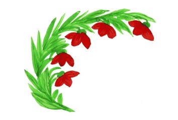Plant with green leaves and red flowers on a white background for creativity and printing on fabric and paper