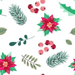Red poinsettia flowers, green leaves, berries and pine branches for Christmas. Decorative floral seamless pattern with white background. For textile, wrapping paper, packaging.