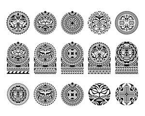 Big set of tattoo sketch maori style. Round and for shoulder with sun symbols and swastika
 - obrazy, fototapety, plakaty