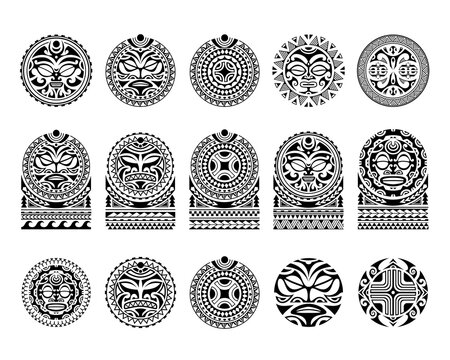Big set of tattoo sketch maori style. Round and for shoulder with sun symbols and swastika
