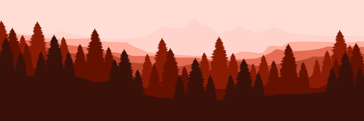 Fototapeta premium forest mountain flat design vector banner template good for web banner, ads banner, tourism banner, wallpaper, background template, and adventure design backdrop
