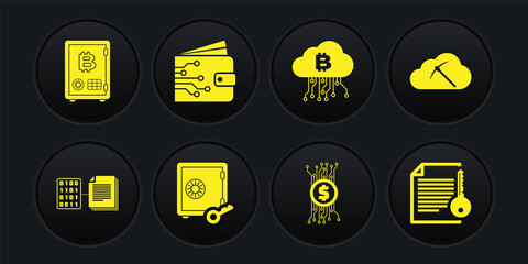 Set Smart contract, Cryptocurrency cloud mining, Proof of stake, bitcoin circuit, and wallet icon. Vector