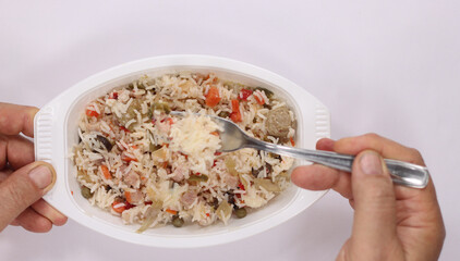 rice salad ready in a tray cold rice salad in prepackaged food tray