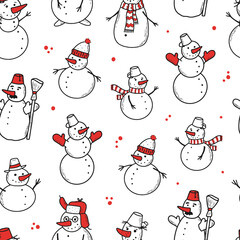 seamless pattern with hand drawn snowmen. Good for Christmas wrapping paper, prints, textile, scrapbooking, stationary, wallpaper, etc. 