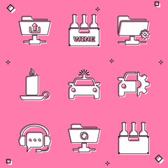 Set FTP folder upload, Bottles of wine in box, settings, Burning candle candlestick, Police car flasher and Car service icon. Vector
