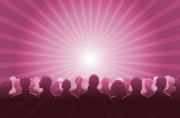 Silhouetted crowd ( audience, fans ) looks black by backlight. Vector banner illustration.