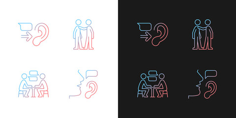 Verbal and nonverbal communication gradient icons set for dark and light mode. Message receiver. Thin line contour symbols bundle. Isolated vector outline illustrations collection on black and white