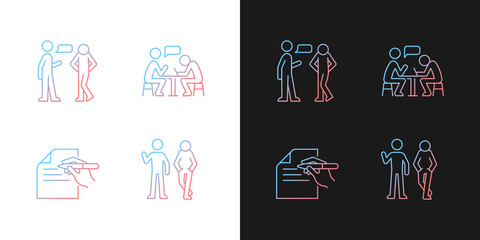 Understanding in communication gradient icons set for dark and light mode. Nonverbal signal. Thin line contour symbols bundle. Isolated vector outline illustrations collection on black and white