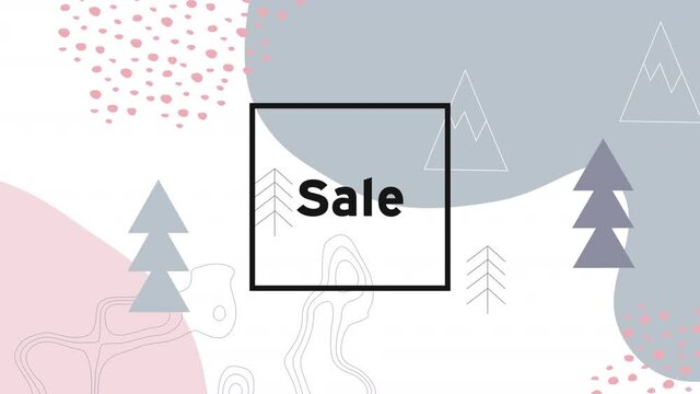 Animation of sale text over christmas trees and mountains icons