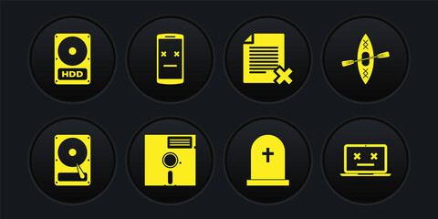 Set Hard disk drive HDD, Kayak and paddle, Floppy in the 5.25-inch, Tombstone with cross, Delete file document and Dead mobile icon. Vector