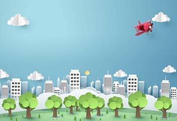 Illustration - 3D city and park on a blue background. Background for eco-advertising or postcards