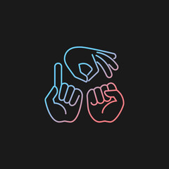 Obraz premium Gestures in communication gradient vector icon for dark theme. Hands movement. Non-verbal communication. Thin line color symbol. Modern style pictogram. Vector isolated outline drawing