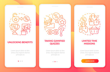 Gamified loyalty programs examples red gradient onboarding mobile app page screen. Walkthrough 3 steps graphic instructions with concepts. UI, UX, GUI vector template with linear color illustrations