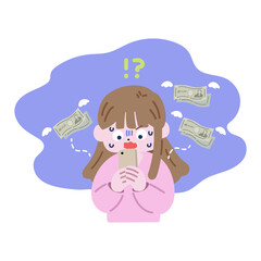 お金が飛んでいき焦るスマホを持った女性