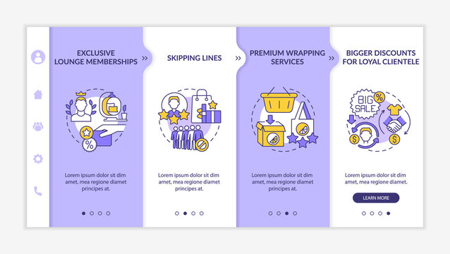 Loyalty program benefits onboarding vector template. Responsive mobile website with icons. Web page walkthrough 4 step screens. Bonuses for loyal clients color concept with linear illustrations